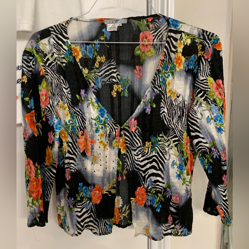 Vintage Alberto Makali Tropical Zebra Open Front Blouse, Hook Eye Size Medium